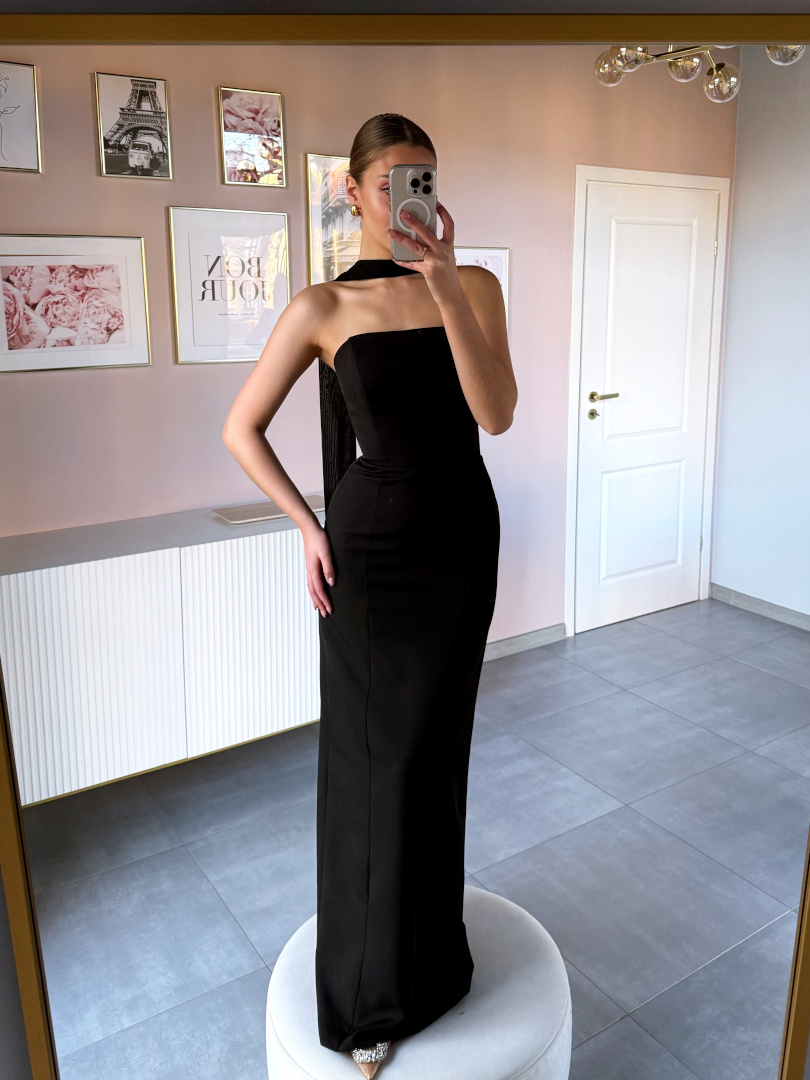 Liv maxi - czarna prosta sukienka z gorsetową górą i rozporkiem z tyłu z szalem w zestawie