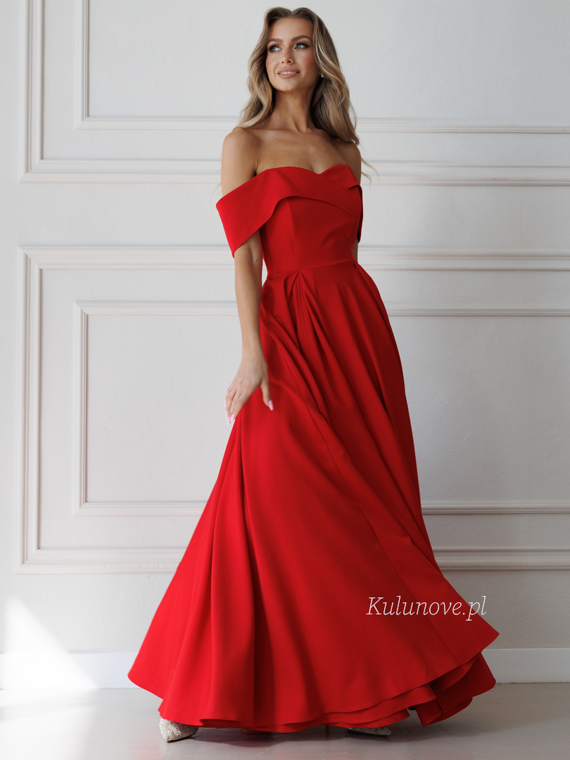 Angelina maxi - czerwona rozkloszowana kopertowa sukienka maxi z odkrytymi ramionami