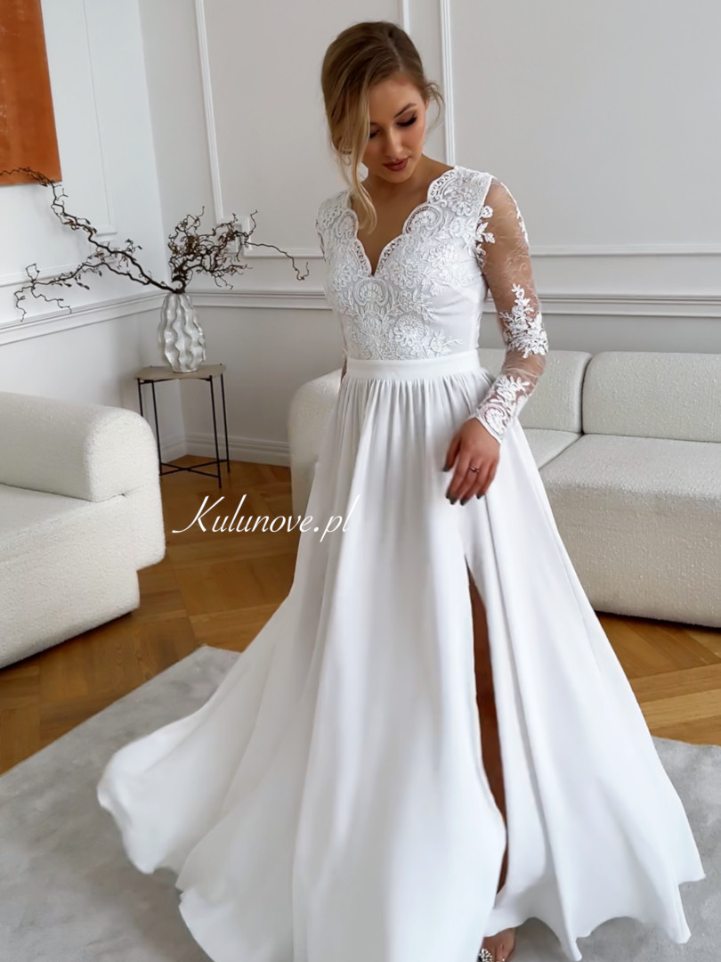 Marietta - biała suknia ślubna z koronkowymi rękawami - Kulunove zdjęcie 2