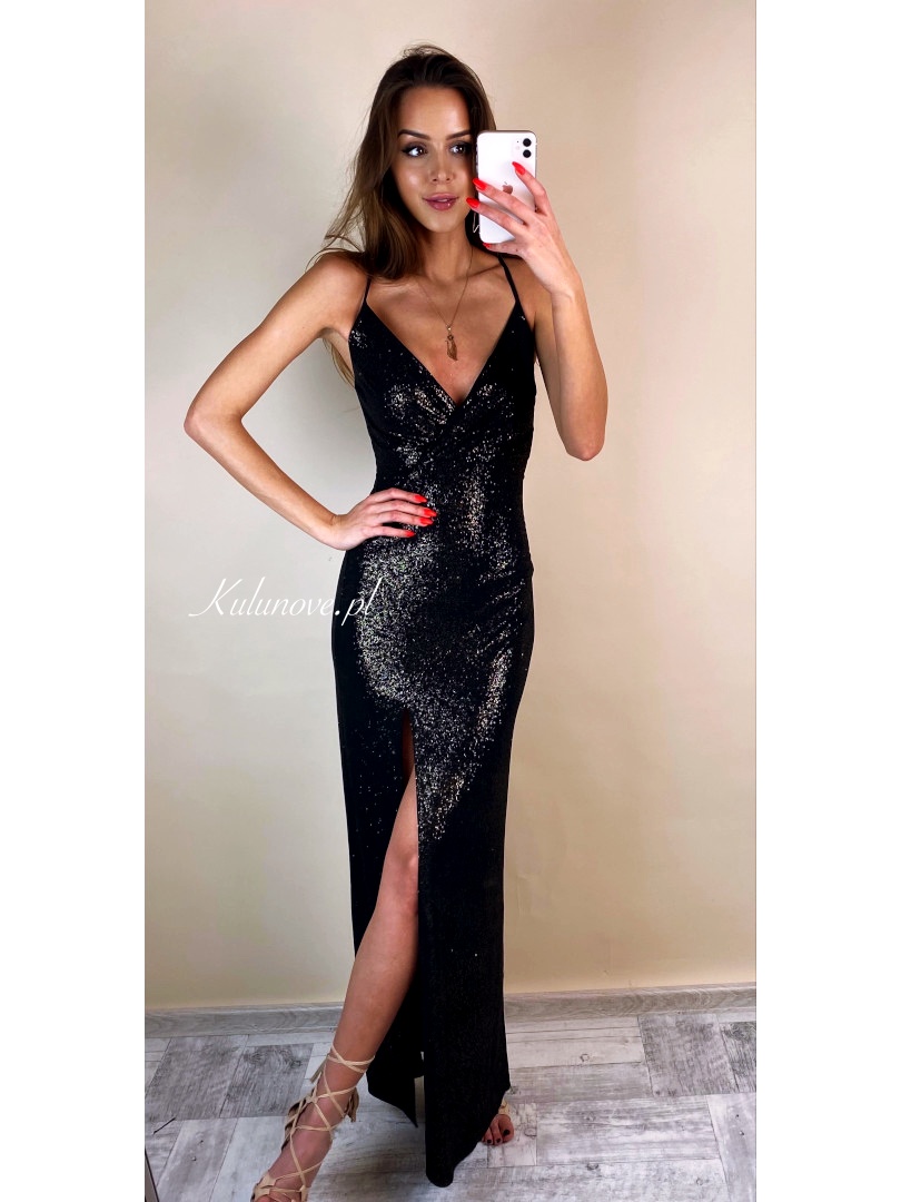 Ariana - czarna sukienka maxi z brokatem - Kulunove zdjęcie 2