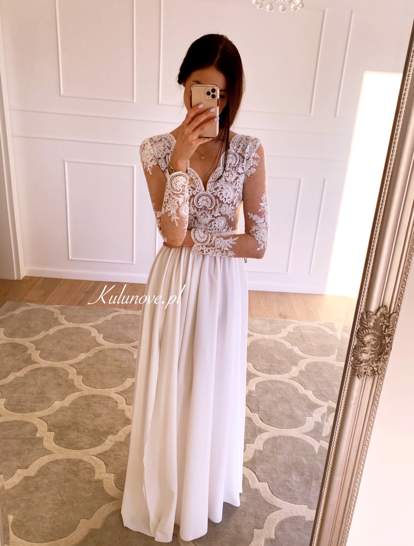 Marietta - biała suknia ślubna na długi rękaw  z beżowym podszyciem - Kulunove zdjęcie 1