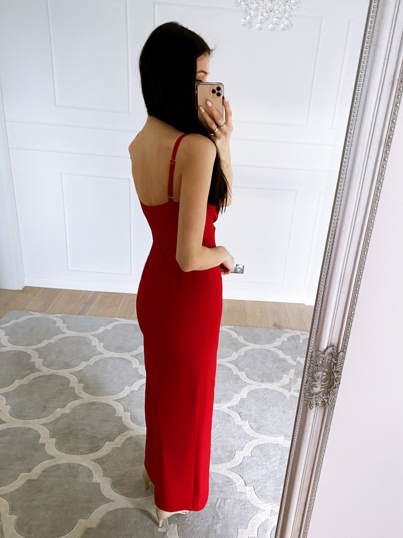Andrea - dopasowana długa czerwona sukienka z rozporkiem - Kulunove zdjęcie 4
