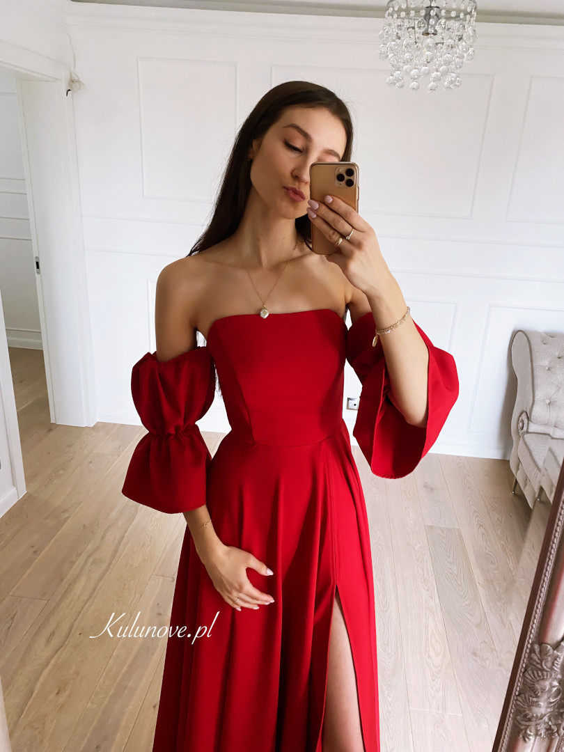 Seniorita - czerwona sukienka hiszpanka z ozdobnym rękawem - Kulunove zdjęcie 3