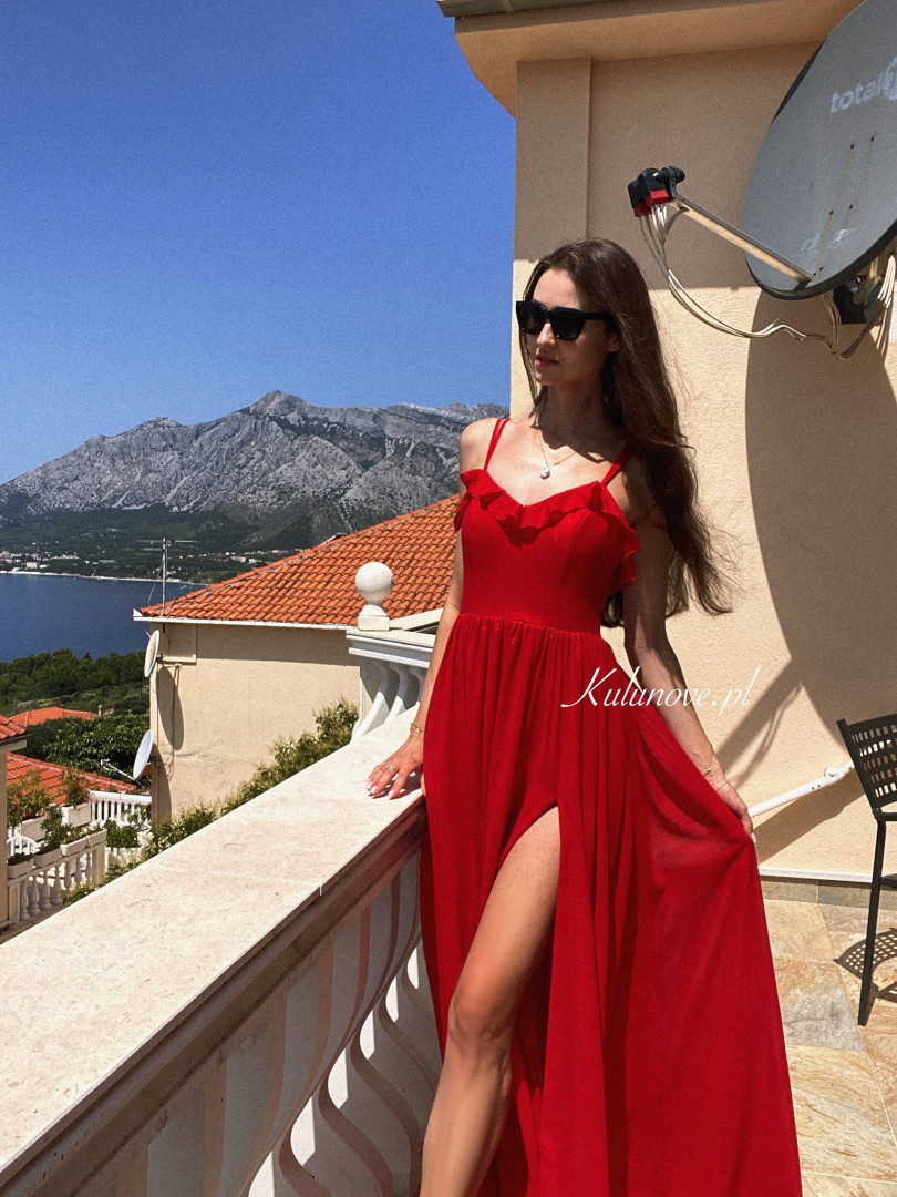 Ornelia - długa szyfonowa czerwona sukienka hiszpanka z falbanką - Kulunove zdjęcie 2