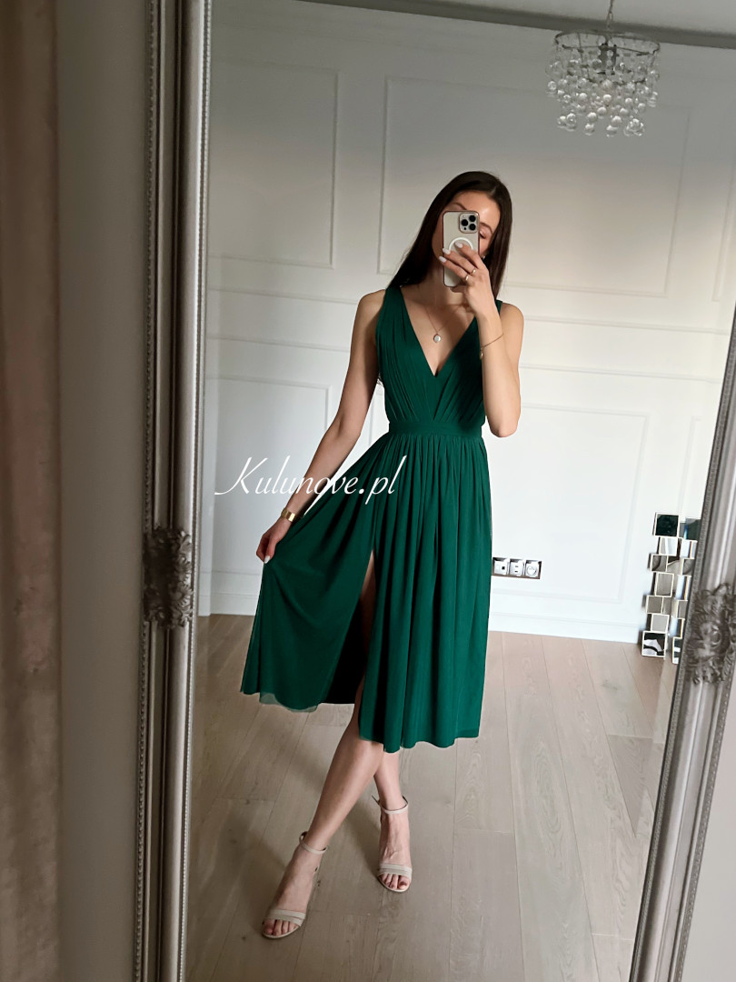 Paris zielona - tiulowa sukienka midi z wyciętymi bokami - Kulunove zdjęcie 1