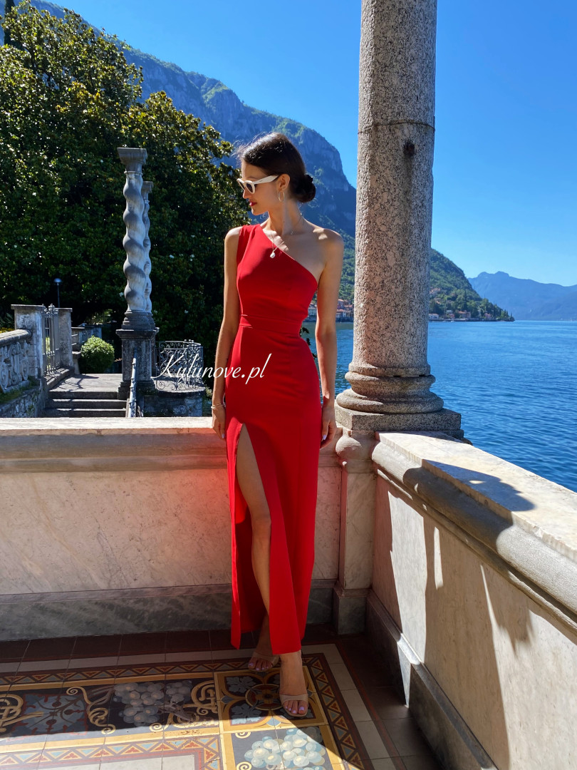 Varenna - czerwona prosta sukienka na jedno ramię