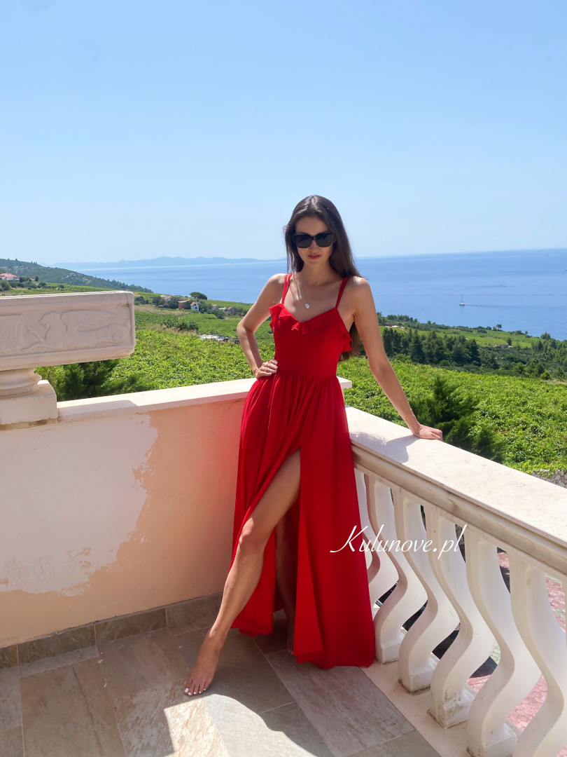 Ornelia - długa szyfonowa czerwona sukienka hiszpanka z falbanką - Kulunove zdjęcie 3