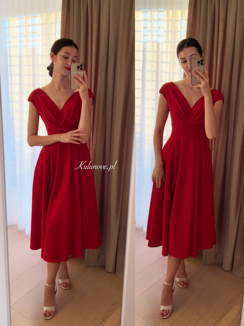 Jolie -  czerwona sukienka midi subtelnie zakrywająca ramiona - Kulunove zdjęcie 1