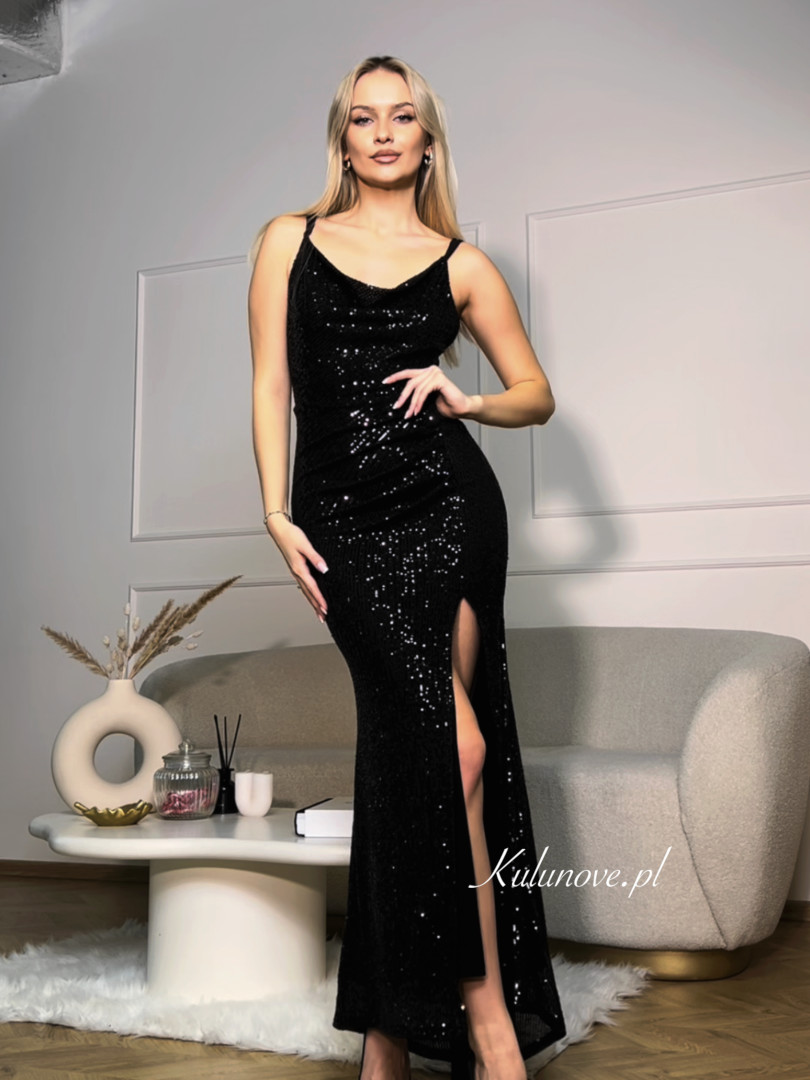 Glossy - czarna cekinowa sukienka maxi z dekoltem na plecach - Kulunove zdjęcie 4