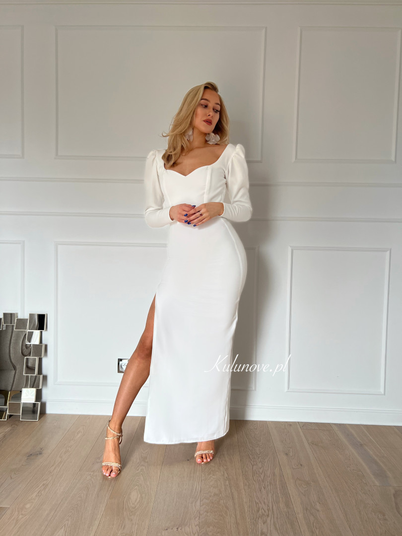 Laura - biała minimalistyczna sukienka na długi rękaw z bufkami - Kulunove zdjęcie 1