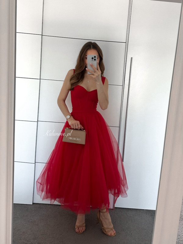 Promise midi - czerwona rozkloszowana sukienka gorsetowa na ramiączkach