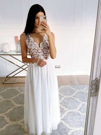 Sarah - biała suknia ślubna z beżowo-białym gorsetem