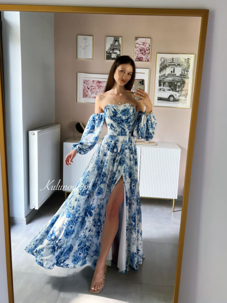 Rosella flowers blue - sukienka w kwiaty na lato premium