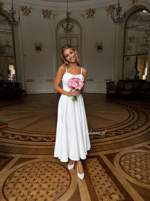 Odetta - ślubna gorsetowa sukienka midi w odcieniu ecru