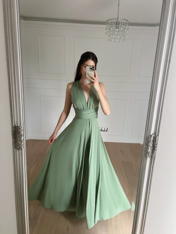 Nemezis szałwiowa - sukienka wiązana na kilka sposobów multiway