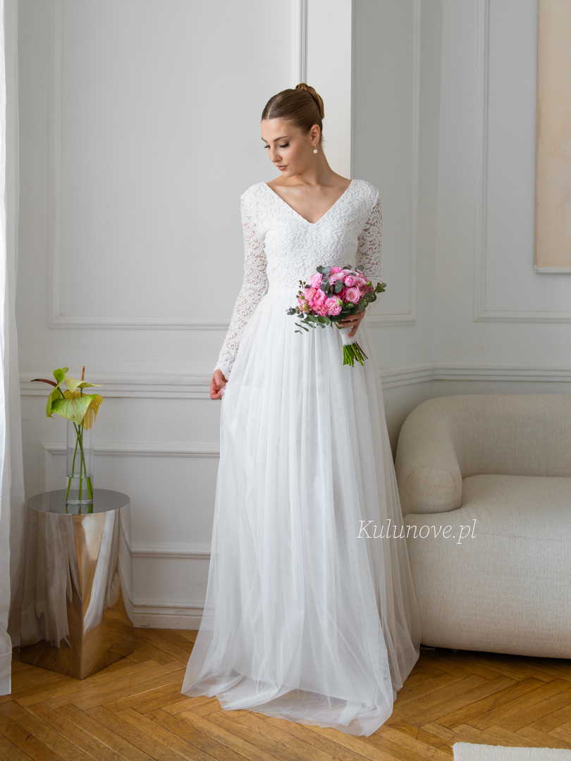 Zaklina - elegancka suknia ślubna z koronkową górą i tiulem